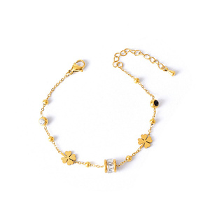 Cuentas de la suerte de moda, cadena de clavícula de circón, cuentas redondas, collar de trébol corto de frijol dorado, conjunto de pulsera de hoja de Ginkgo de acero inoxidable - Product Image 6