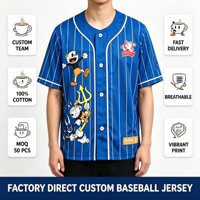Pabrik OEM ODM Langsung, Jersey Baseball Pria Biru Putih Bergaris Kancing Depan, Custom