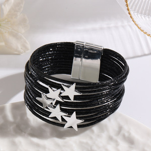 Wholesale Women's Multi Layer <b>Leather</b> <b>Bracelet</b> Gold Star Charm Magnetic Closure Fashion Jewelry - Product Image 6