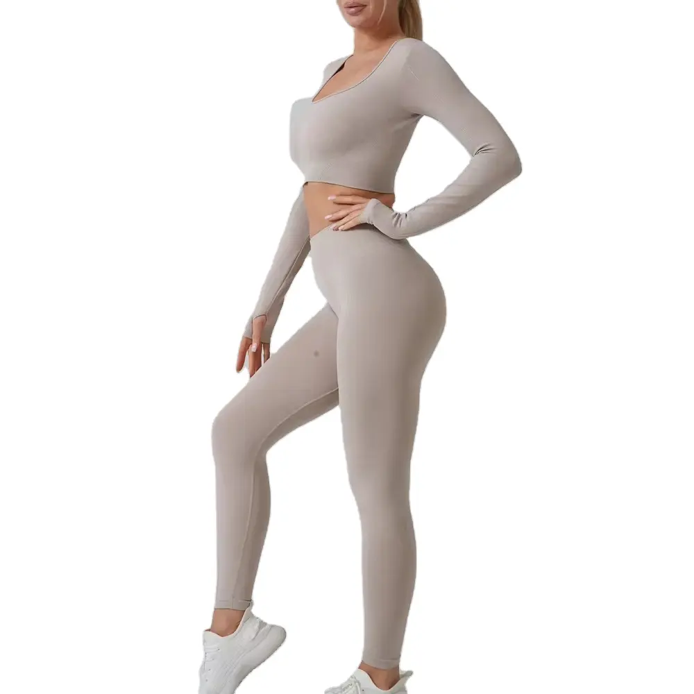 Women's Seamless Fitness Bra and Long Sleeve Yoga Suit Activewear Sports Gym Leggings with Cut Top for Gym and Yoga Sessions