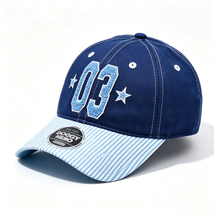 Navy Blue Striped Letter Brim 6-Panel Canvas Baseball Cap with Chenille Embroidery Casual Sporty Adjustable for Unisex - Product Image 5