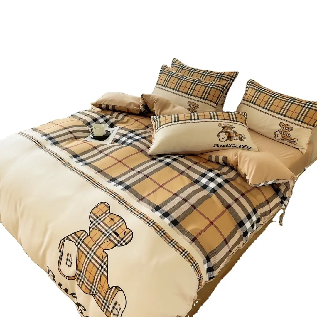Brushed Cotton 4-In-1 Bedding Set Grid King Size Duvet Cover Bed Sheet Bedding Set
