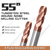 Fraise à bout arrondi en carbure monobloc BOSSL HRC55, 4 dents, revêtement TiAlN, en carbure de tungstène-cobalt, pour usinage de l'acier