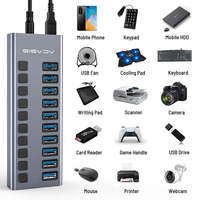 10-Port USB 3.2 Gen 2 Hub 10Gbps Stromversorgter USB-A Hub mit Individuellen Netzschaltern aus Aluminiumlegierung für PC Laptop Windows Mac Linux