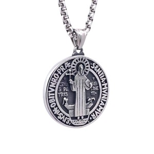 Stainless Steel <b>Cross</b> Pendant Necklace Men's Religious Charm Round Embossed Design 2160104 - Product Image 2