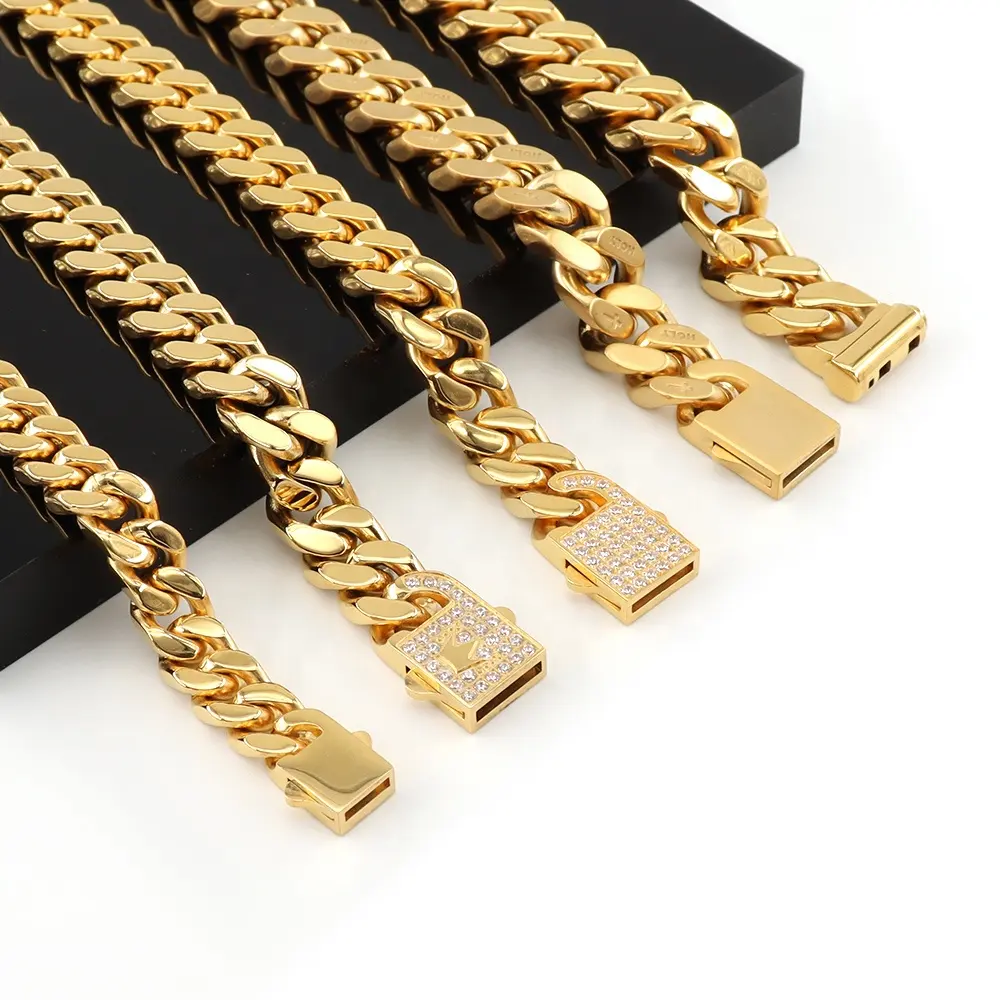 Wholesale Hip Hop Jewelry Diamond 14k 18k Gold Plated 10mm Stainless Steel Layered Cuban Link Chain Necklace Sets American