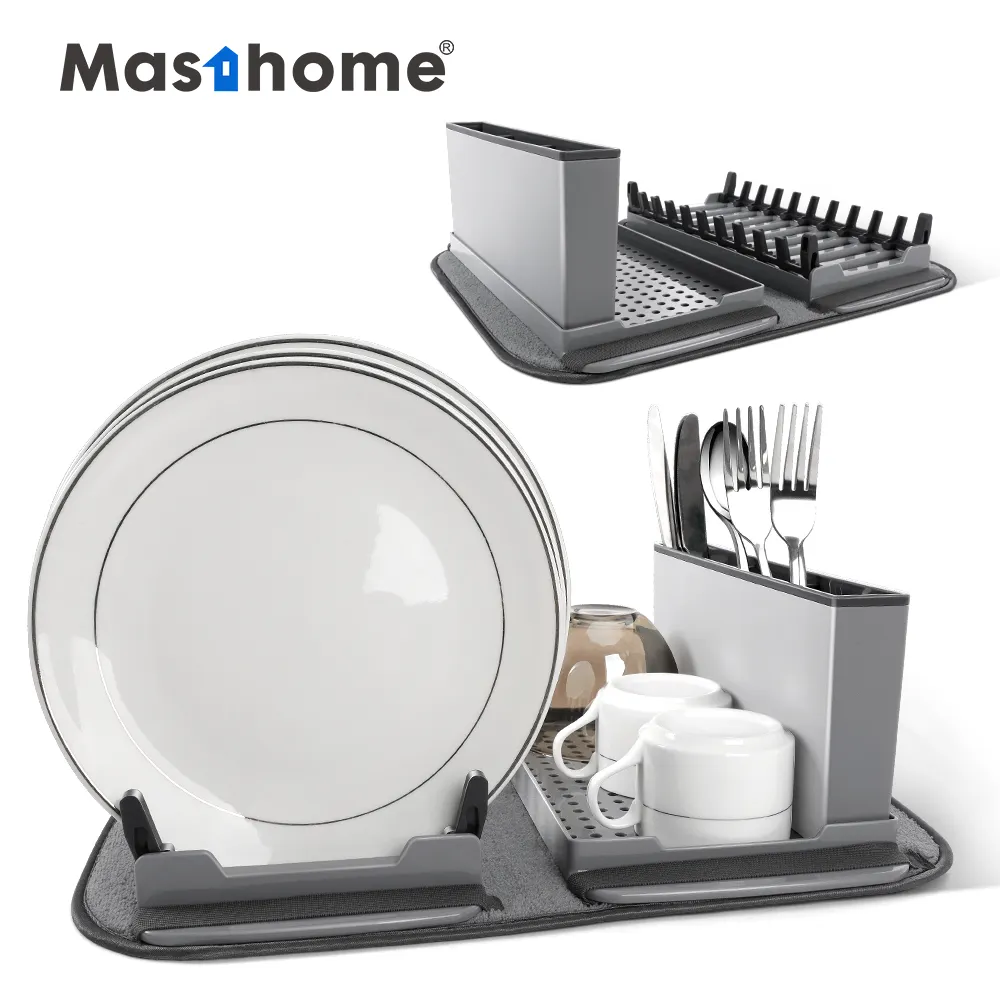 Masthome newly Kitchen foldable multifunctional Dish Drying Rack and cutlery storage organizer with microfiber Dish Mat