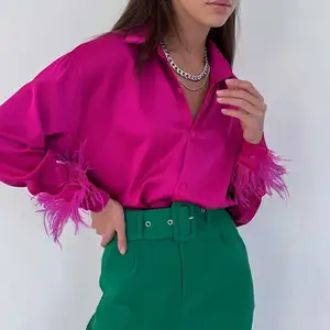 ZIPIPY Silk Satin Blouse Shirt For Woman 2023 Autumn Winter Women Fashion Elegant Long Sleeve Spliced Feathers Solid Ladies Tops