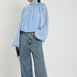 Nouvelle Blouse Décontractée Tendance pour Femme, Col Montant, Manches Lanterne, Dos Nu Transparent, Froncée, OEM - Product Image 1