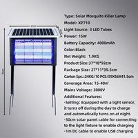 Lampe Solaire Anti-Moustiques Haute Efficacité 15W, Lampes UV, Destructeur d'Insectes Électrique 3000V, IPX4 Toutes Conditions Météo, Contrôle des Mouches sur Pied, Double Fonction