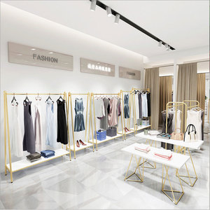 Espositori per Negozi di <span class=keywords><strong>Abbigliamento</strong></span> Femminile in Ferro Dorato di Alta Qualità, Combinazione di Rastrelliere da Pavimento e da Parete per Vetrine Premium - Product Image 2
