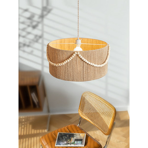 Abat-jour en corde de chanvre avec perles en bois, forme cylindrique, source de lumière LED pour salon, chambre à coucher, luminaire de plafond - Product Image 4