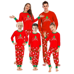Conjunto de Pijamas de Natal para Família, Camiseta Vermelha com Calças, Estampa de Árvore com Acabamento Verde, Roupas de Dormir para o Natal, Conjunto Unissex - Product Image 1
