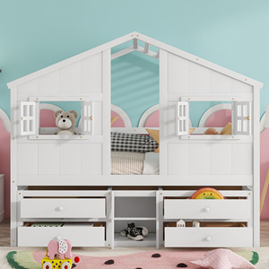 White Solid Wood Children's House Bed With <b>Drawers</b> <b>Storage</b> Bedroom Furniture For Kids - Product Image 1