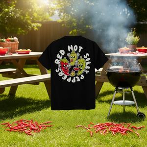 T-shirt Red Hot Silly Peppers nera con scollo rotondo, abbigliamento promozionale - Product Image 3