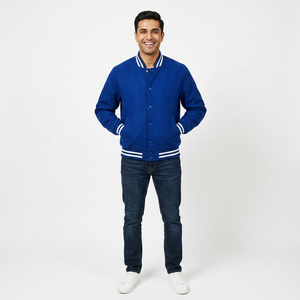 Royal Blue Varsity <b>Jacket</b> with <b>White</b> Striped Ribbed Trim Snap Button CollegeBaseballjacket for <b>men</b> - Product Image 1