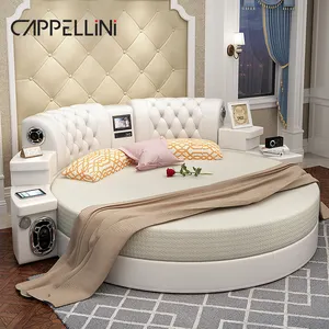 Modern Multifunctional Leather Luxury Bed Hotel Home Smart Furniture Bedroom Wooden Double Massage Soft Round Bed