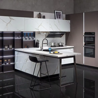 Meubles de cuisine modulaires modernes haut de gamme avec finition laquée, robinet d'évier, charnières et paniers de tiroir pour villas et appartements
