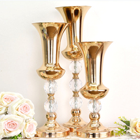 Décorations de table pour centre de table floral, vases trompettes dorés avec perles de cristal, grand vase trompette en métal avec perles de cristal