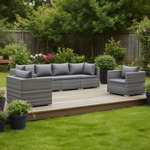 Banc de patio gris en polyrotin, ensemble de 4 pièces, mobilier d'extérieur, sièges contemporains et modernes pour 7 personnes - Product Image 2