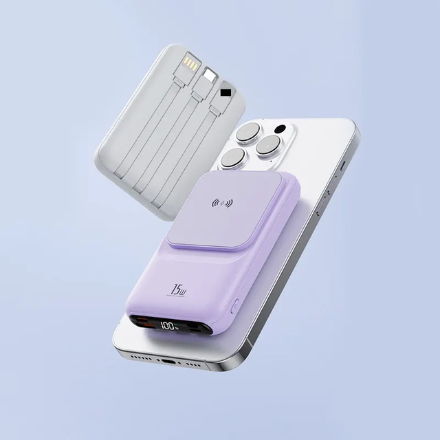 Customized Portable 10000mAh Magnetic Power Bank Mobile Wireless Charger with Built-in Cables and Phone Holder