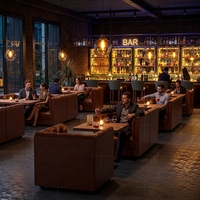 Banquette en cuir châtain capitonnée avec boutons, mobilier de bar, table en bois, sièges commerciaux personnalisables, OEM Chine
