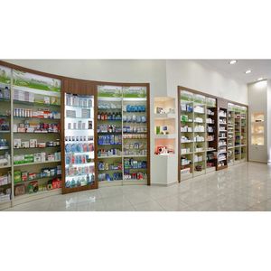 Pharmacy Store Design Pharmacy Display Stand Pharmacy Store Furniture Retail Medicine Wall <strong>Cabinet</strong> <strong>Glass</strong> <strong>Shelving</strong> for Sale - Product Image 3
