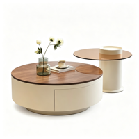 Table basse ronde gigogne en noyer avec tiroir de rangement, table d'appoint en verre, style moderne et minimaliste, pour salon, décoration intérieure, article d'ameublement