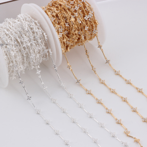 Catena a maglie e a barra in oro 14K/S925 argento con zirconi a trifoglio per la creazione di gioielli permanenti, accessori per collane e bracciali - Product Image 1