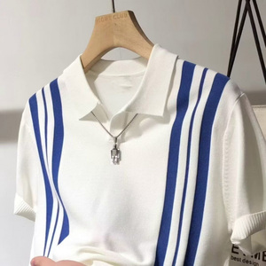 IStapromo regalos verano tejido hielo seda Polo camisa Casual Slim Fit Casual media manga rayas contraste manga corta para hombres - Product Image 1