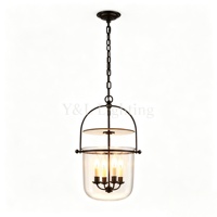 Lustre suspendu lanterne noir mat 4 lumières avec cage en verre transparent, LED, hauteur réglable, style ferme, pour entrée, hall d'entrée, cuisine