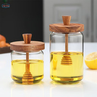 Dispensador de tarros de miel de vidrio con tapa de madera y cucharón, contenedor de miel de 17oz, olla para jarabe, mermelada, gelatina, almacenamiento de cocina para el hogar