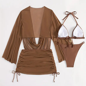 Traje de Baño Sexy con Logo Personalizado <span class=keywords><strong>en</strong></span> Color Marrón y Negro, Traje de Baño de Tres Piezas con <span class=keywords><strong>Tanga</strong></span> de Anillo y Corte Alto para Mujer, Traje de Baño para Chicas Gorditas - Product Image 2