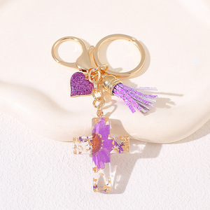 Llavero de Cruz al por Mayor, Llavero Cristiano con Flecos de Mariposa, Cristal, Resina, Colgante, Amuleto Religioso - Product Image 3