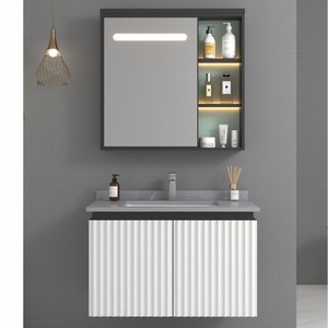 <b>Wall</b> Mounted <b>Bathroom</b> Vanity 806 White Multi-Layer Solid <b>Wood</b> <b>Cabinet</b> One-Piece Ceramic Basin With LED Mirror - Product Image 1