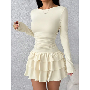 Elegantes Damenkleid mit Trompetenärmeln, Hoher Taille, Sexy Partykleid, Herbst-Winter Einfarbiges Figurbetontes Kleid mit Kaskaden-Rüschen, Mini-Kleid - Product Image 1