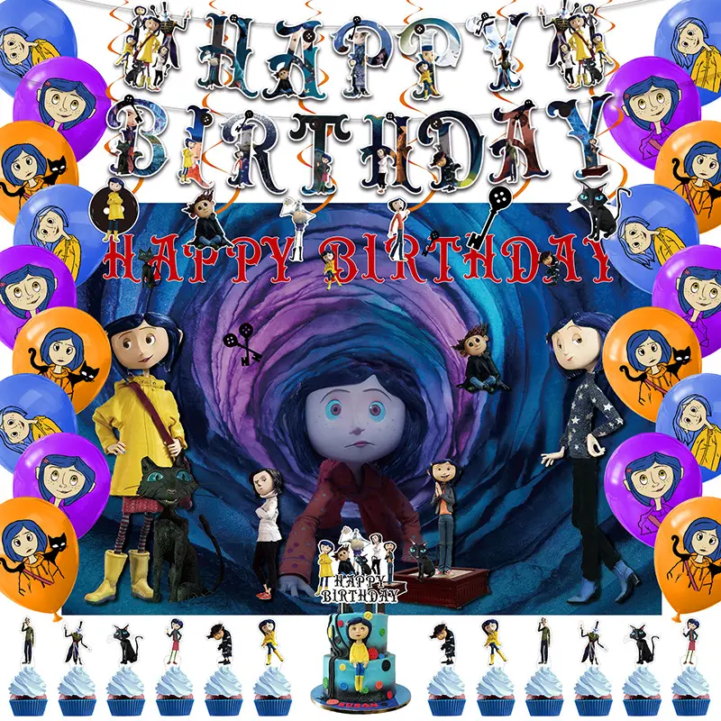 영화 만화 Coraline 파티 장식 공포 시리즈 생일 배너 케이크 토퍼 풍선 할로윈 어린이 소녀 파티 용품