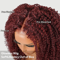 Perruque Sans Colle en Cheveux Humains Brésiliens Frisés Kinky Rouge Coca-Cola Cerise, Closure Dentelle Découpée 7x5 Afro Frisée Haute Densité, Vente en Gros