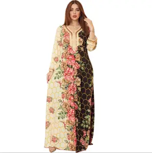 Islamic clothing new arrival Arabic Moroccan women fancy flower print beautiful diamonds gown abaya Muslim dress