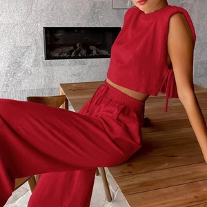 Cotton Linen Shoulder Padded Sleeveless Side Tie <b>Top</b> With Pocket Wide Leg Pants Women's Casual 2 Piece Set Fashion - Product Image 2