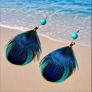 Qualità moda turchese 925 sterling silver gancio pavone frangia reale blu piuma ciondola gioielli orecchino di goccia - Product Image 4