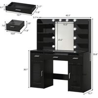 Table de maquillage noire avec miroir et éclairage, plateau transparent, 3 tiroirs RGB, 6 étagères, 2 armoires et prise électrique