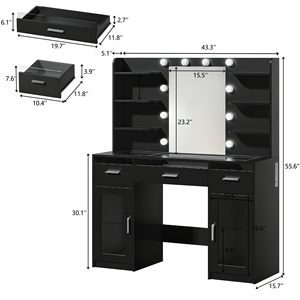<strong>Black</strong> <strong>Vanity</strong> Desk Makeup <strong>Table</strong> with Mirror and Lights Transparent Top with 3 RGB Drawers 6 Shelves 2 Cabinets Power Outlet - Product Image 2