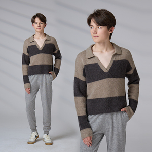 Pulls en tricot personnalisés avec logo ODM pour adolescents et hommes, col en V, manches longues, style polo classique - Product Image 1