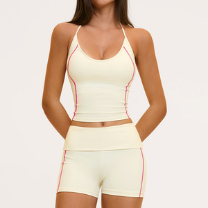 OEM/ODM Custom Manufacturers Contrast Patchwork Low <b>Neck</b> Color Block <b>Padded</b> Gym Workout Running Yoga Crop Tank Top Set for Women - Product Image 4
