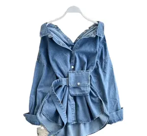 Hot sale women's long sleeve shirt ladies off shoulder patchwork bag belted button down denim long blouse