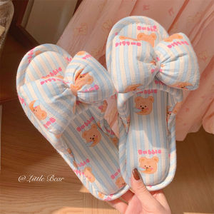 Chaussons d'intérieur XIXITIAO Sweet Bow Bear pour femmes, toutes saisons, en coton et lin, antidérapants, confortables, pour la chambre à coucher - Product Image 3