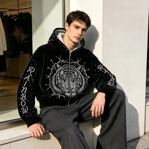 <span class=keywords><strong>Felpa</strong></span> con cappuccio corta da uomo in velluto con zip intera e strass termoadesivi a forma di <span class=keywords><strong>tigre</strong></span>, ideale per streetwear personalizzato OEM e vendita all'ingrosso - Product Image 6