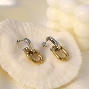 Geometric Stud Earrings Gold Stainless Steel Color Block Design Fashion Jewelry - Product Image 2