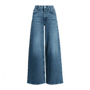 Jean en denim taille mi-haute à jambe large pour femme, coupe ample, bleu uni, en coton, style vintage délavé, déchiré, léger, style printemps - Product Image 4